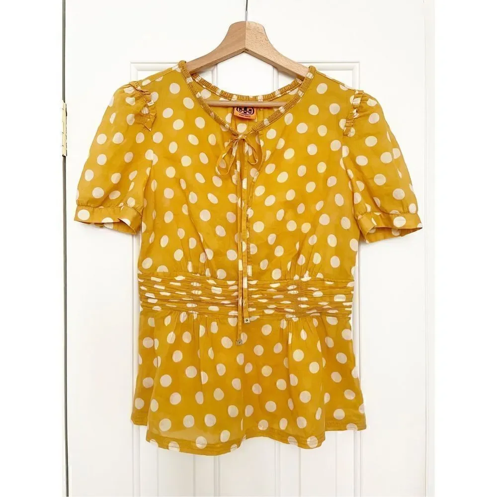 Tory Burch Ruth Top Blouse Yellow Polka Dot Size 2